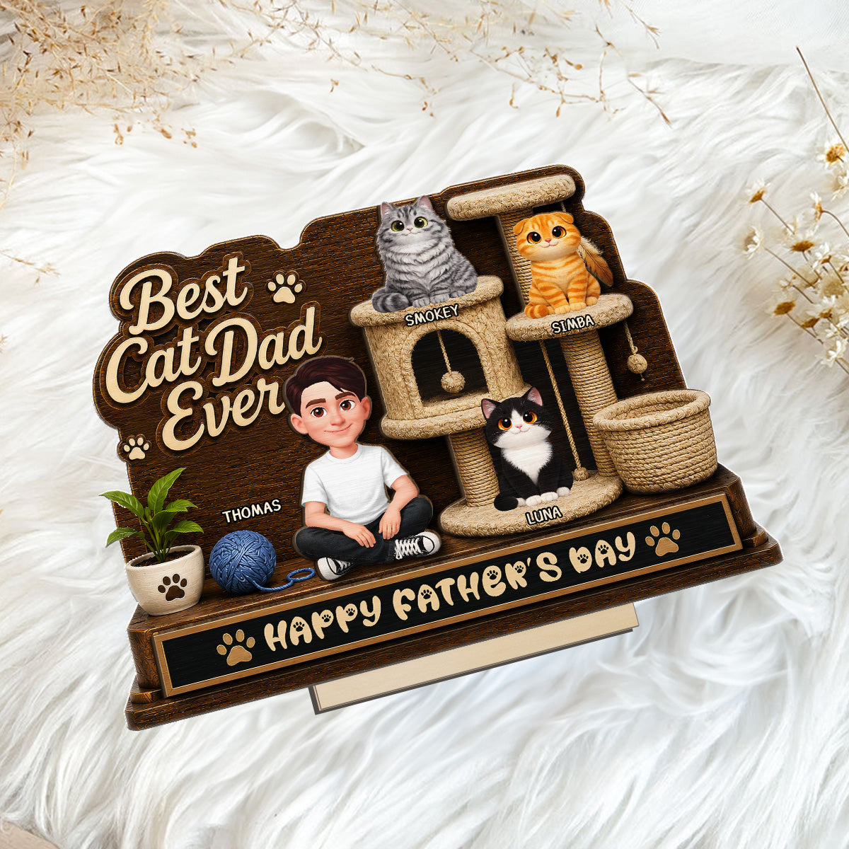Best Cat Dad Ever Man Sitting Cute Cats On Cat Tree 2D Flat - Personalized 2-Layered Wooden Plaque - Gift For Cat Dad