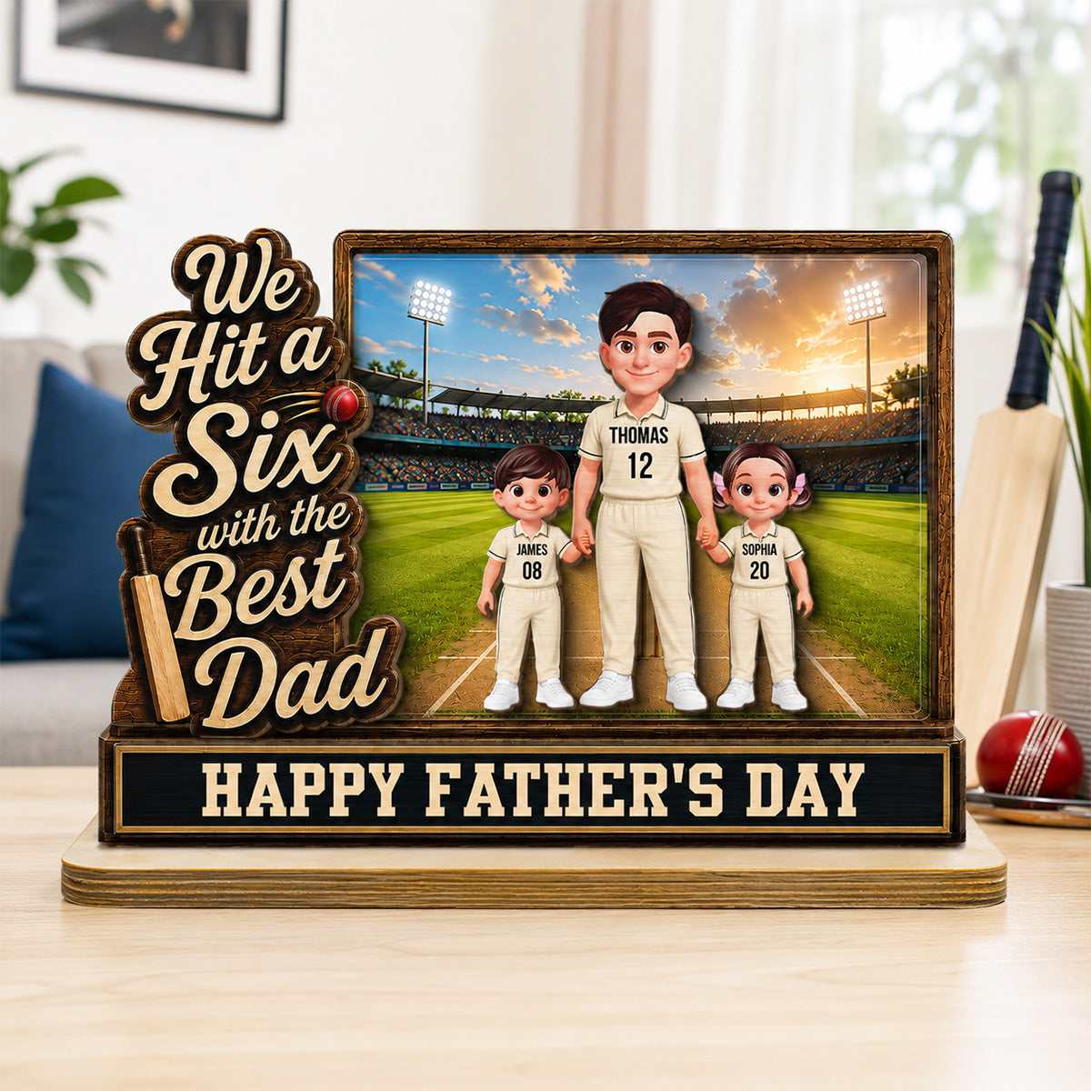 Hit A Six With The Best Dad Cricket Dad & Kids On Field 2D Flat - Personalised 2-Layered Wooden Plaque - Gift For Husband, Dad
