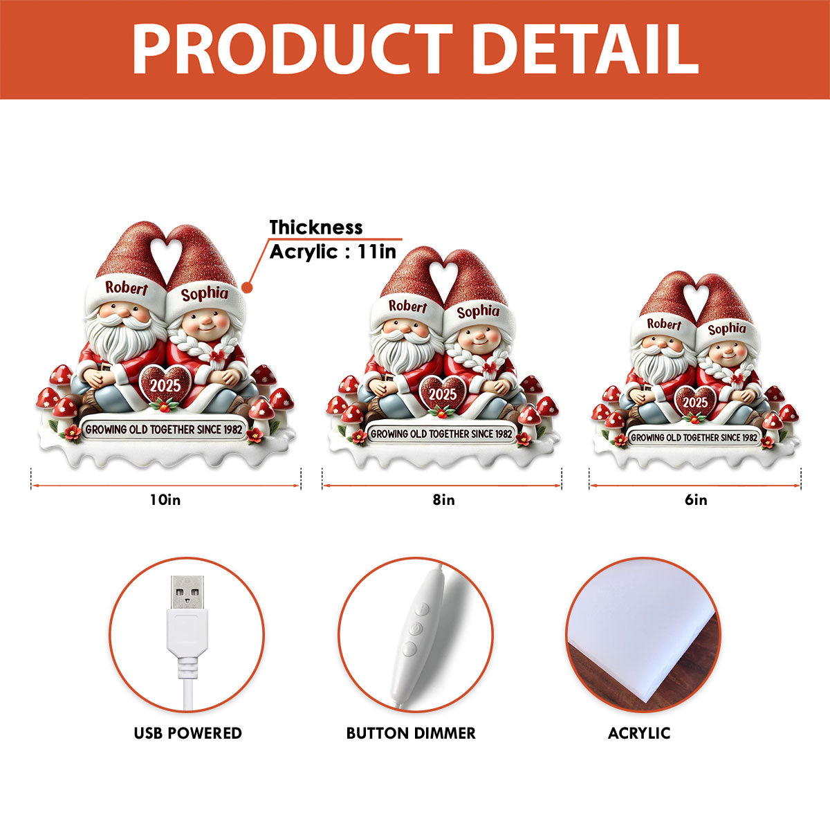 3D Effect Gnome Couple Growing Old Together Christmas - Personalized Light Box