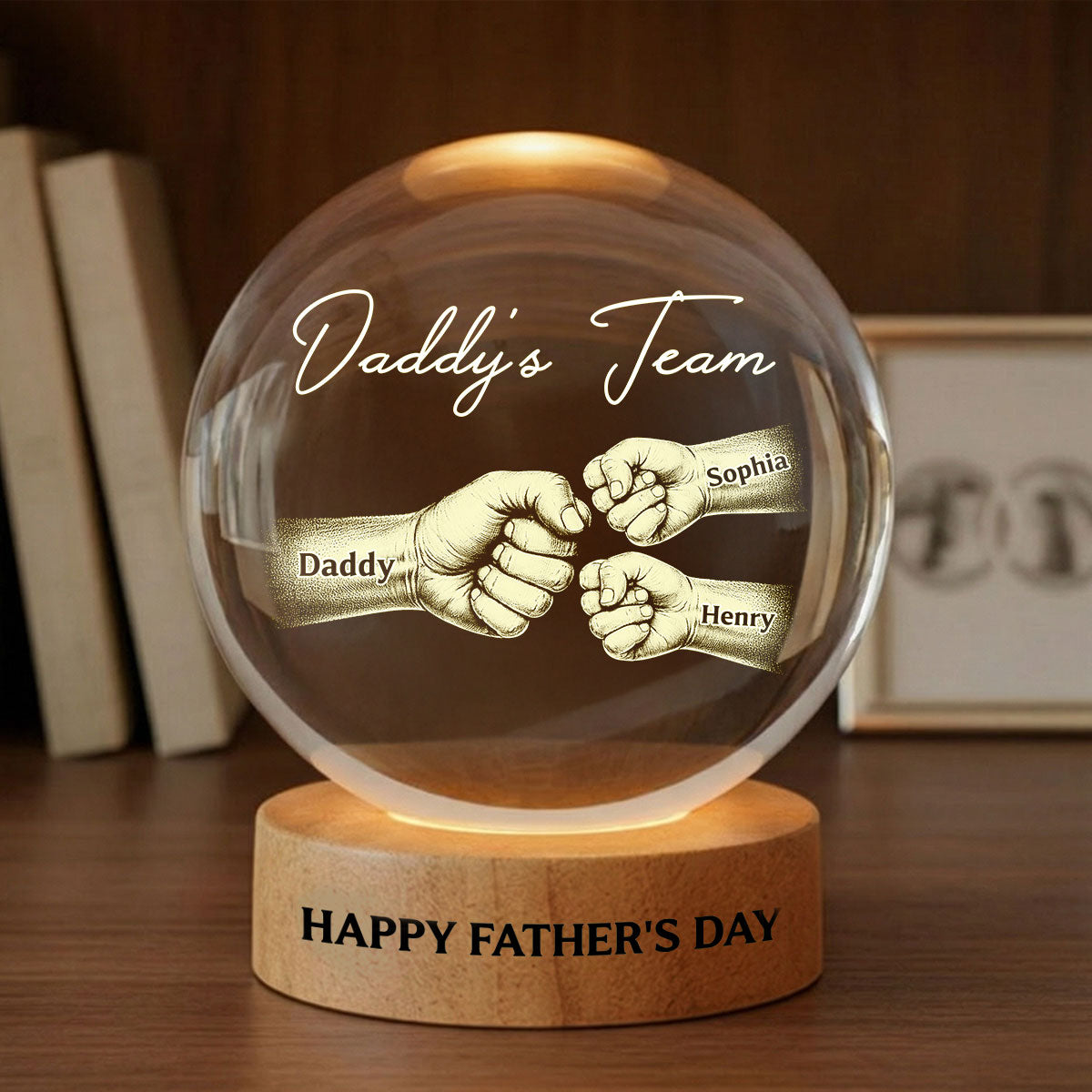 Daddy's Team Fist Bump - Personalized Crystal Ball LED Night Light - Gift For Dad, Husband