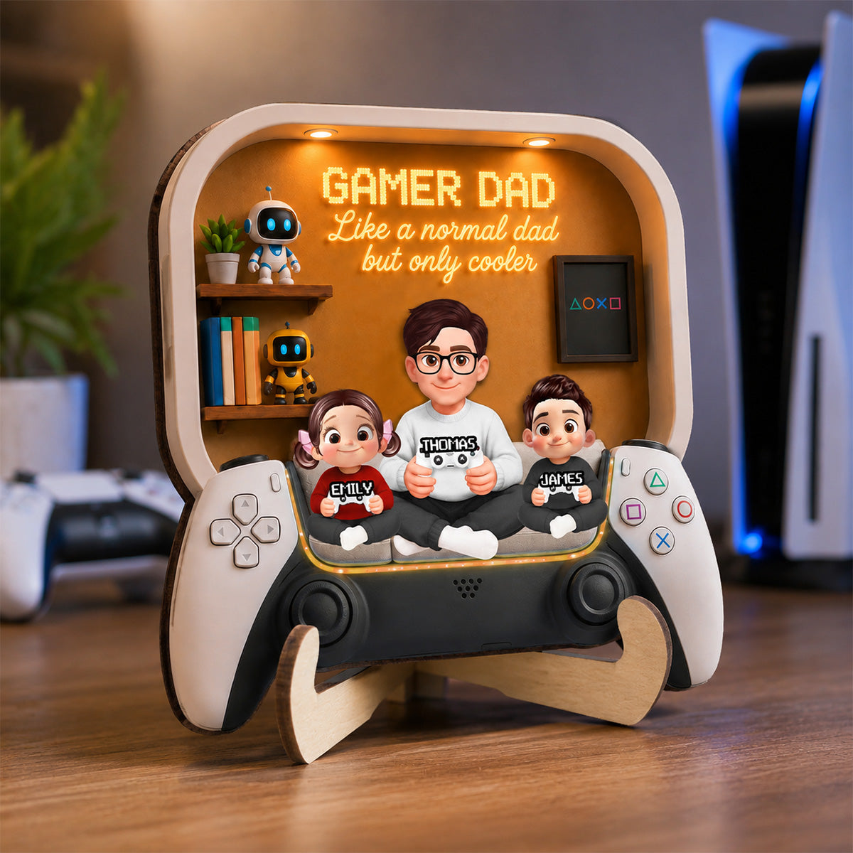 Gamer Dad And Kids - Personalized 2-Layered Wooden Plaque - Gift For Dad, Husband, Gamers
