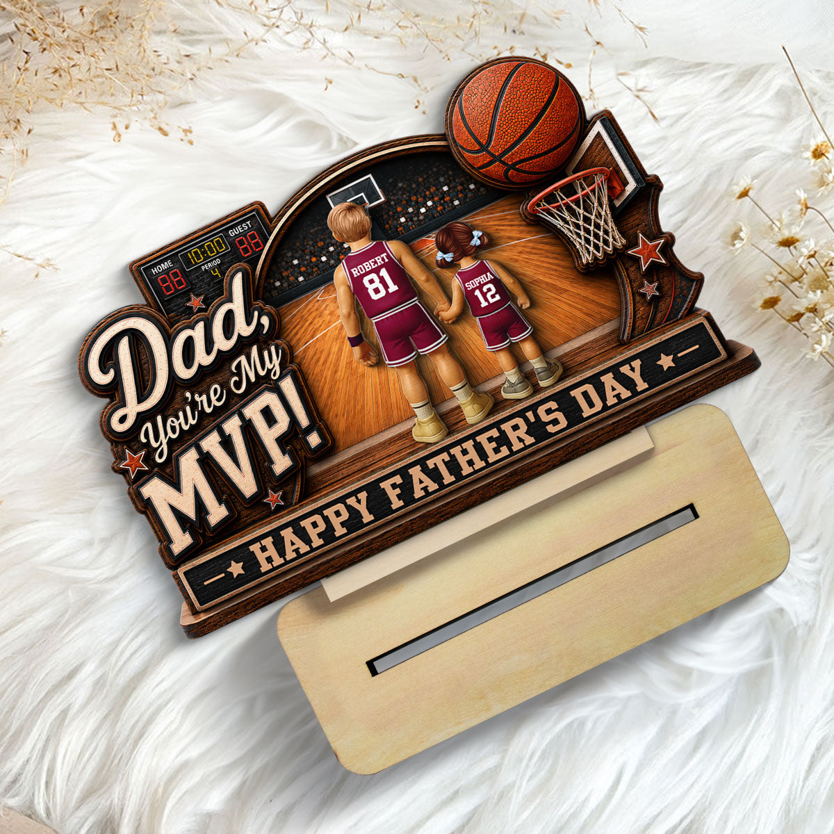 Dad You Are Our MVP Standing Basketball Man & Kids 2D Flat - Personalized 2-Layered Wooden Plaque - Gift For Basketball Dad