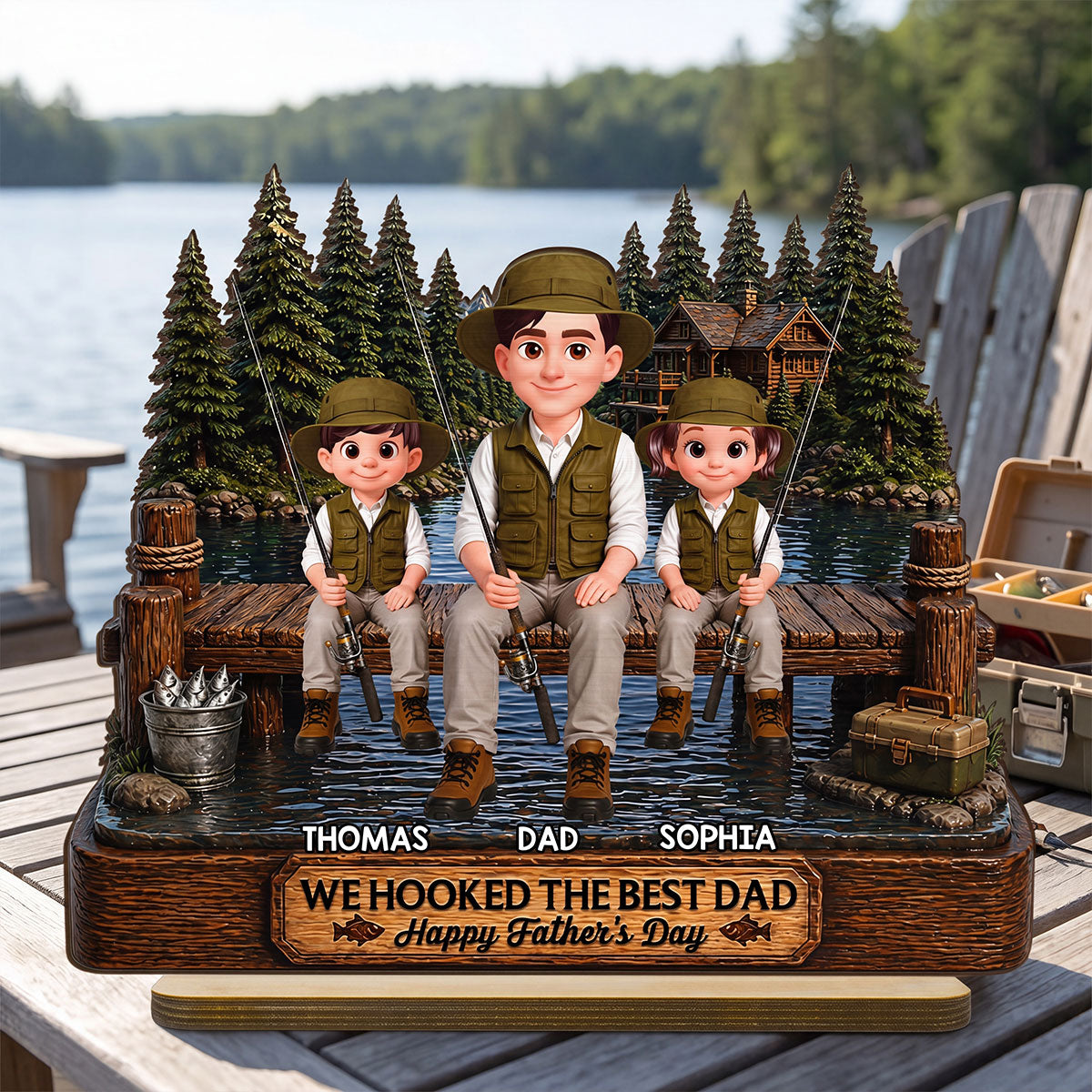 Fishing We Hooked The Best Dad - Personalized 2-Layered Wooden Plaque - Gift For Fishing Dad, Fishing Lovers