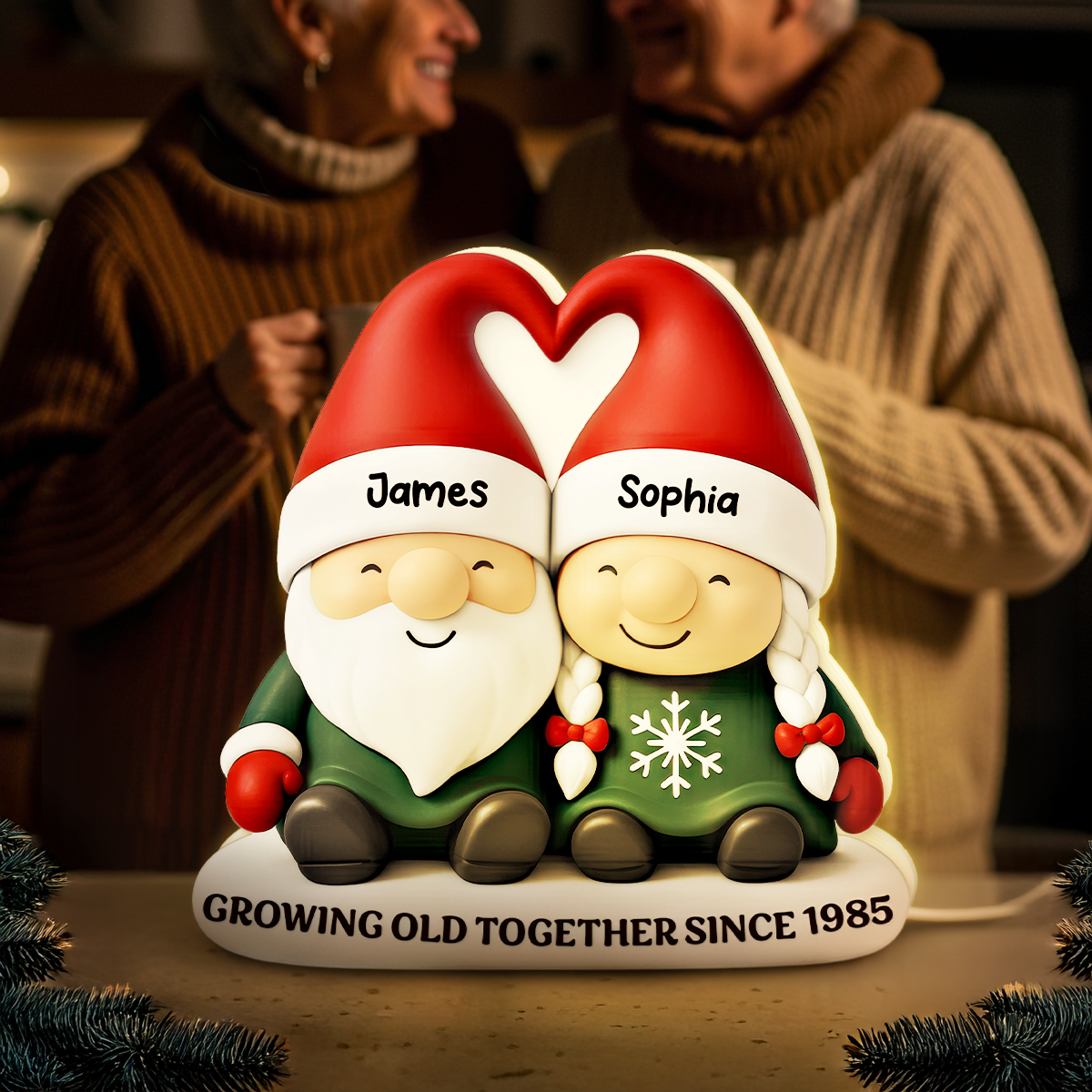 Christmas Gnome Couple Growing Old Together - Personalized Light Box - Gift For Couple