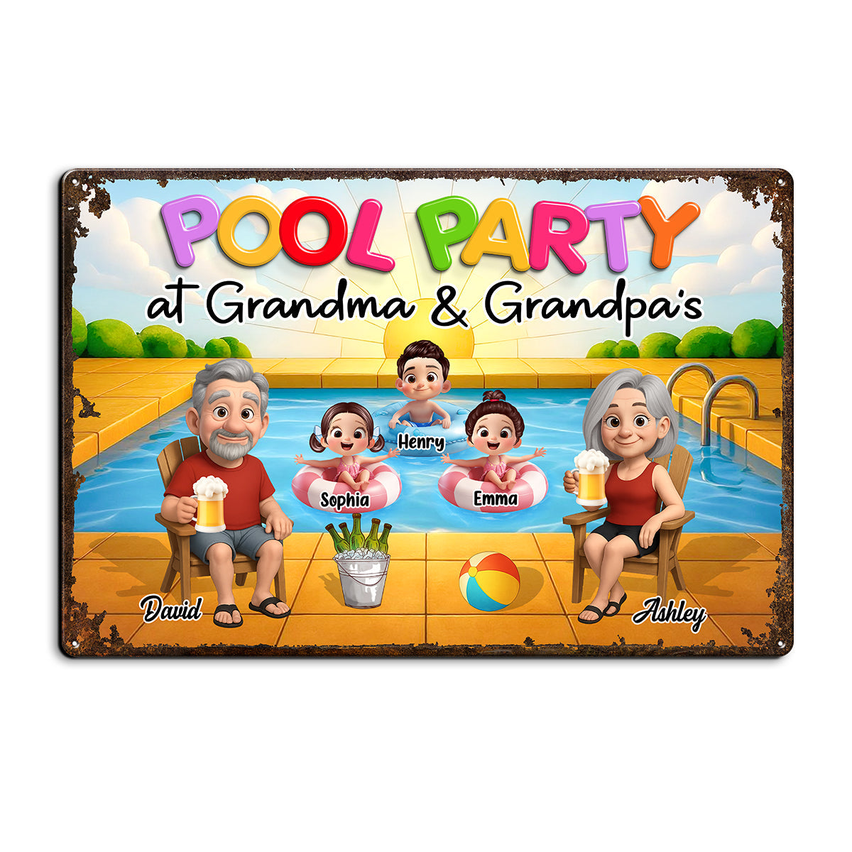 Pool Party At Grandma Grandpa Personalized Metal Sign, Grandparents Hosting Grandkids