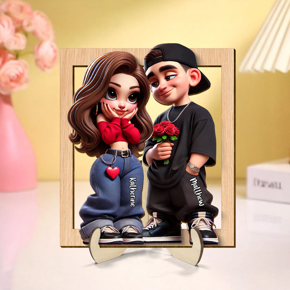 Personalized Y2K Couple 3D Effect Frame 2-Layer Wooden Plaque, Gift, Anniversary Gift For Him For Her