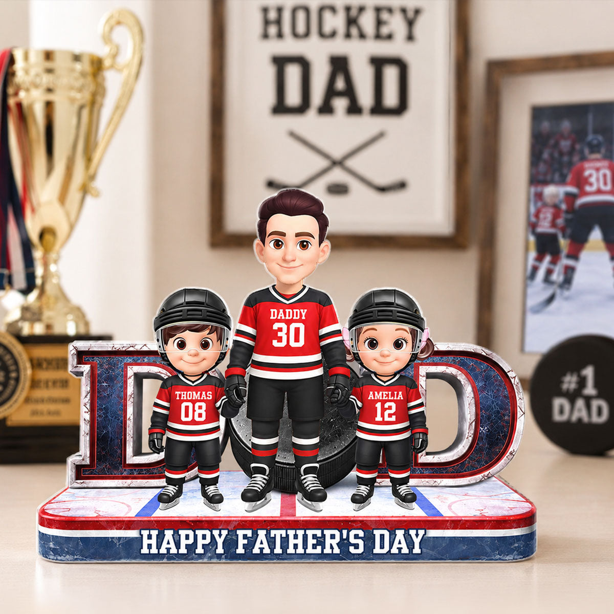 Hockey Dad And Kids Together Front View - Personalized Acrylic Block Plaque - Gift For Dad, Husband