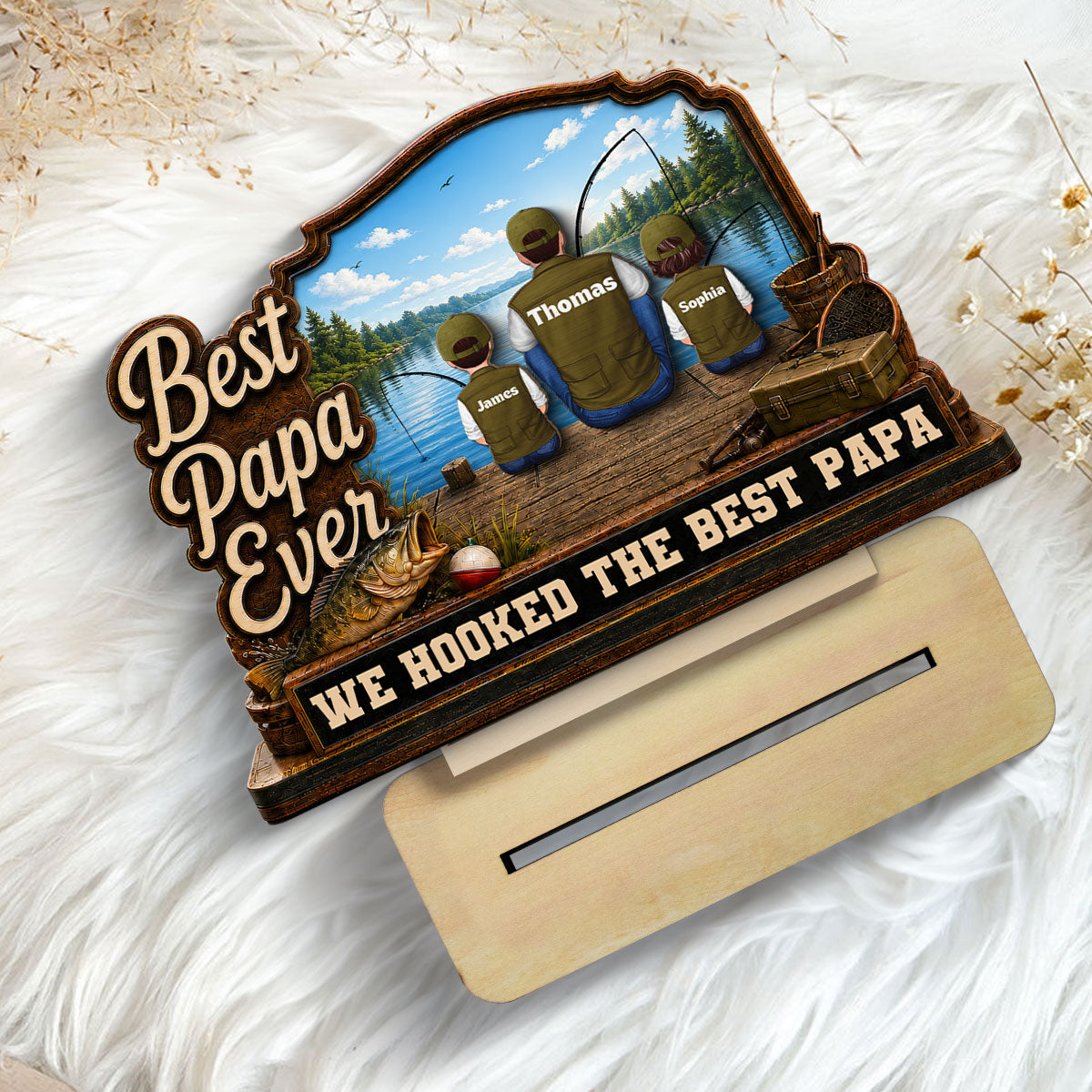 We Hooked The Best Dad Papa Fishing Man & Kids Back View 2D Flat - Personalized 2-Layered Wooden Plaque - Gift For Hunting Dad, Grandpa