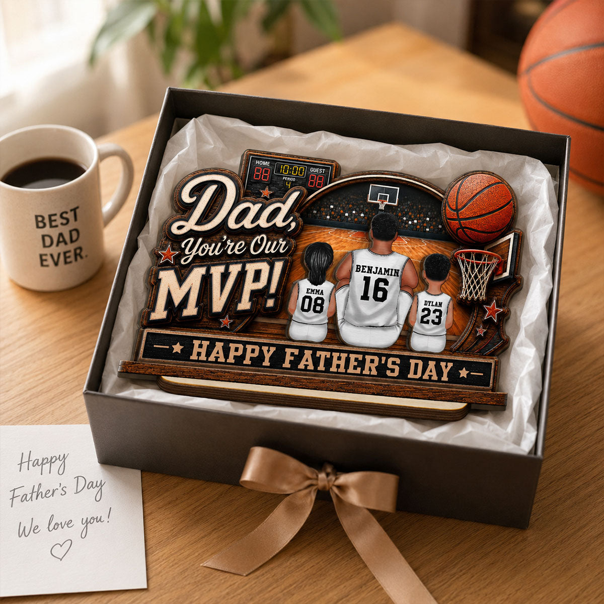 Dad You Are Our MVP Sitting Basketball Man & Kids 2D Flat - Personalized 2-Layered Wooden Plaque - Gift For Basketball Dad
