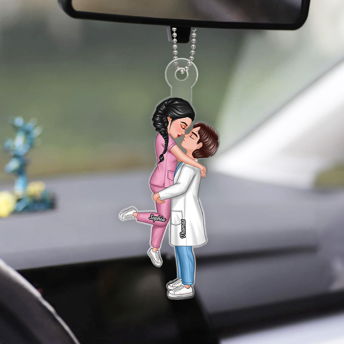 Hero Couple Hugging Kissing Personalized Acrylic Car Hanger Ornament, Anniversary Gift For Him, For Her, For The Couple