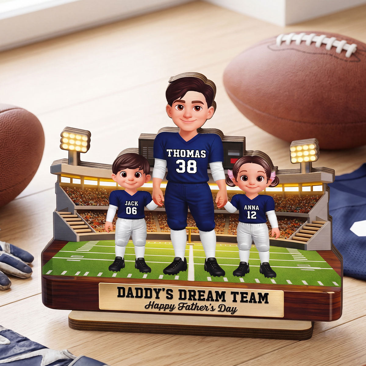 American Football Dad And Kids - Personalized 2-Layered Wooden Plaque - Gift For Dad