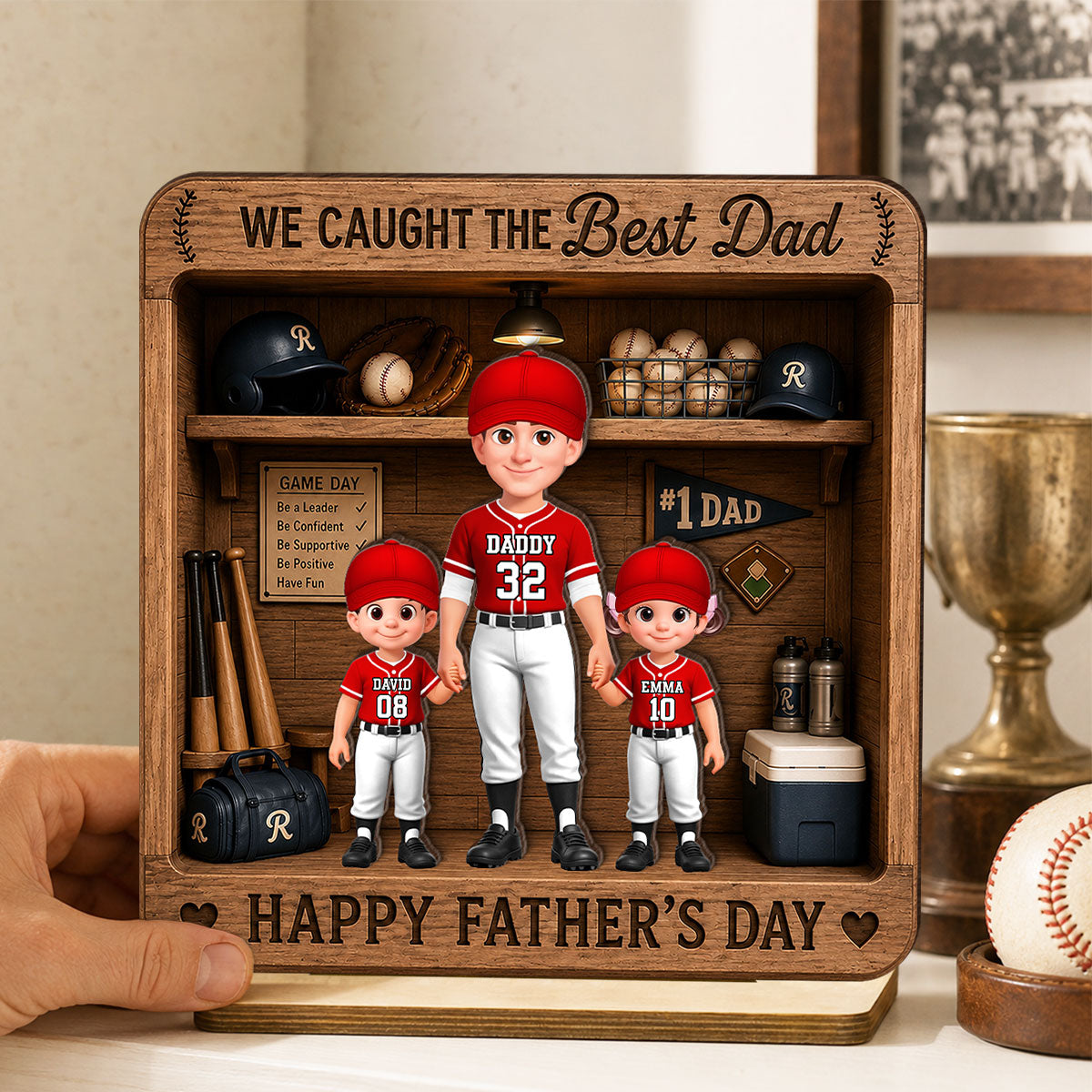 Baseball Dad & Kids Locker Room - Personalized 2-Layered Wooden Plaque - Gift For Dad, Husband