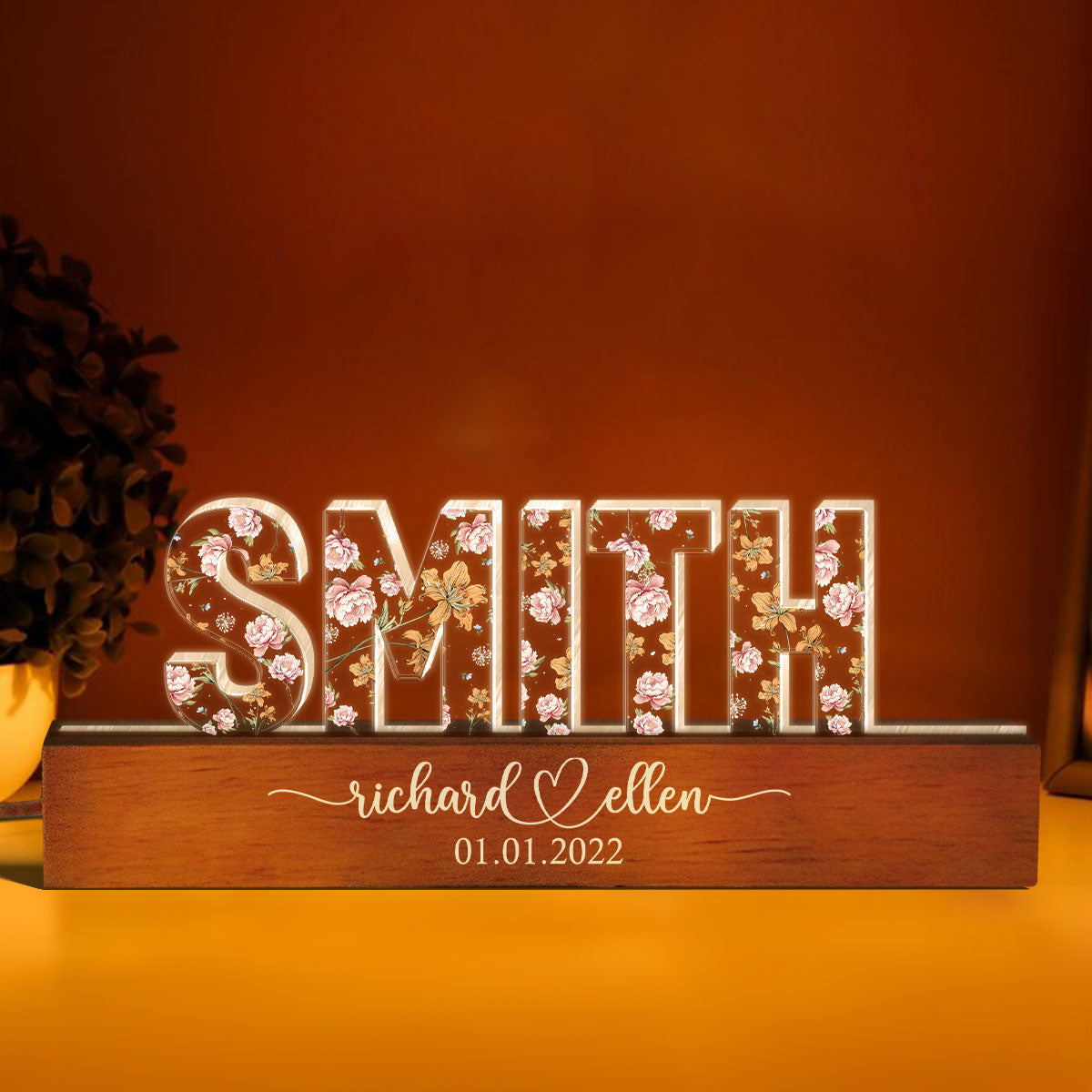 Mr & Mrs Family Name Wedding Anniversary Gift for her & for him, Custom Flower Printed LED Night Light