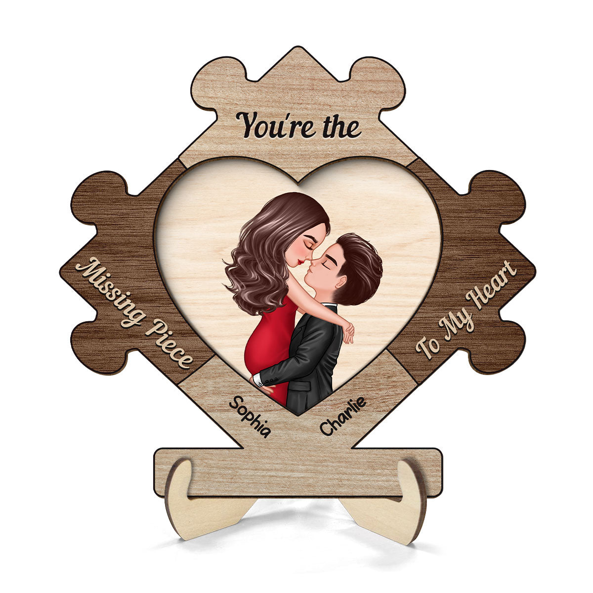 Couple Kissing In Puzzle Piece Personalized 2-layer Wooden Plaque, Gift For Him, For Her