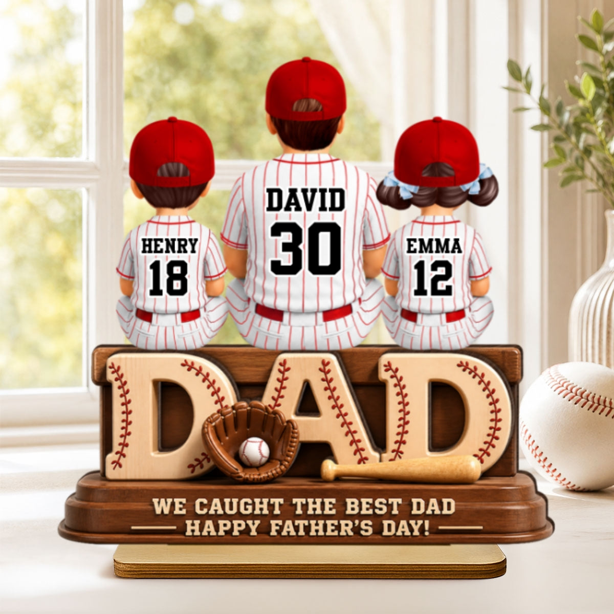 We Caught the Best Baseball Dad, Dad & Kids Back View - Personalized 2-Layered Wooden Plaque - Gift for Dad, Husband