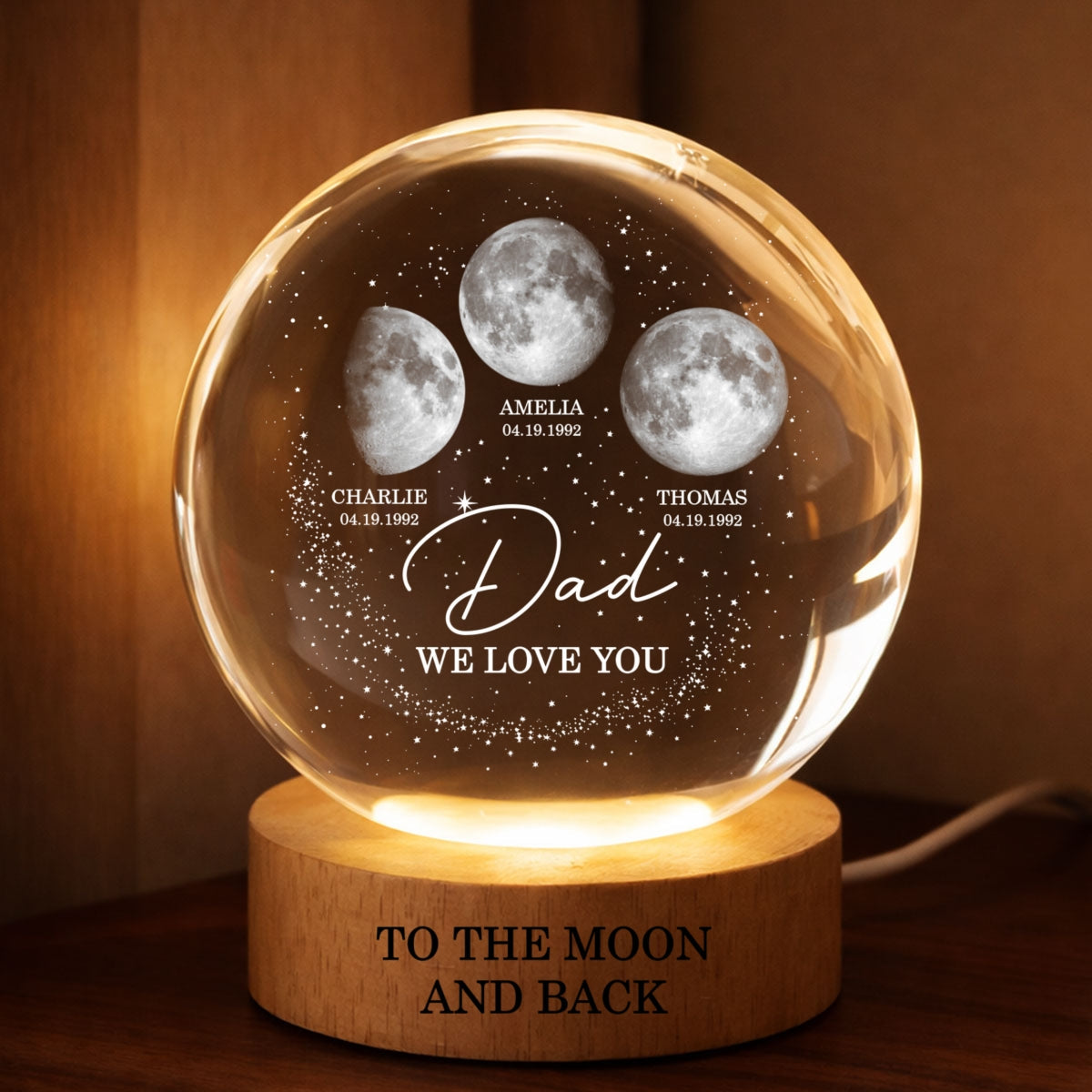 Love to the Moon and Back - Personalized Crystal Ball LED Night Light - Custom Moon Phase by Date, Gift for Dad, Husband