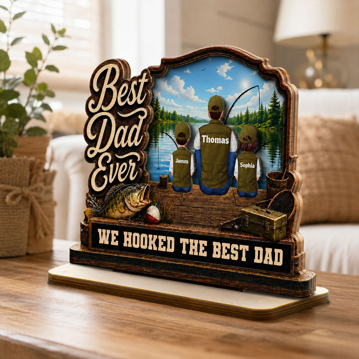 We Hooked The Best Dad Papa Fishing Man & Kids Back View 2D Flat - Personalized 2-Layered Wooden Plaque - Gift For Hunting Dad, Grandpa