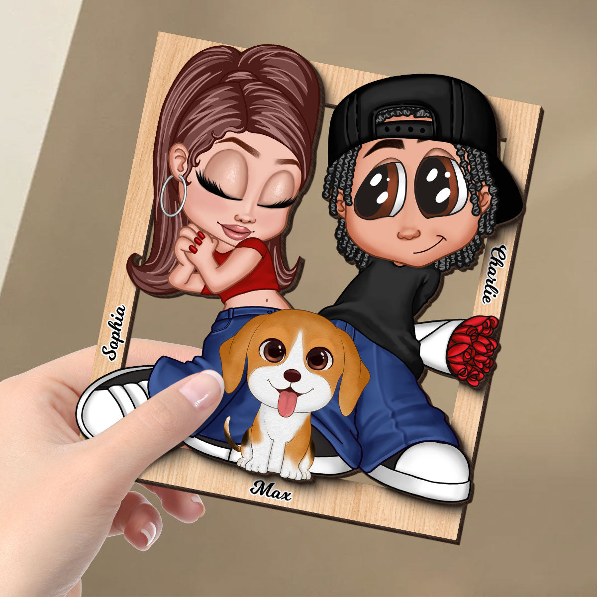 Y2K Couple Dogs Cats Frame Personalized 2-layer Wooden Plaque, Gift for Him, Gift for Her