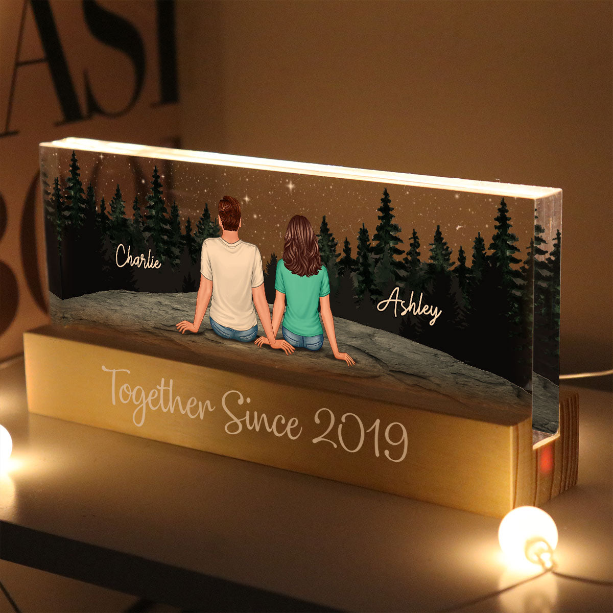 Back View Couple Stargazing Galaxy Night Personalized Acrylic Block LED Night Light, Heartfelt Gift For Couple, For Him, For Her, Boyfriend, Girlfriend, Husband, Wife