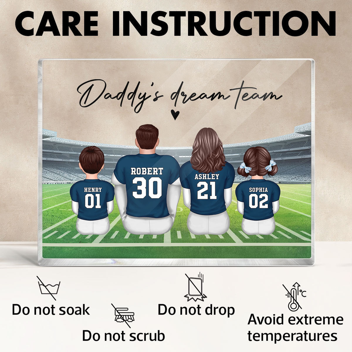 Daddy's Team Football Family Sitting Back View Personalized Acrylic Block, Gift