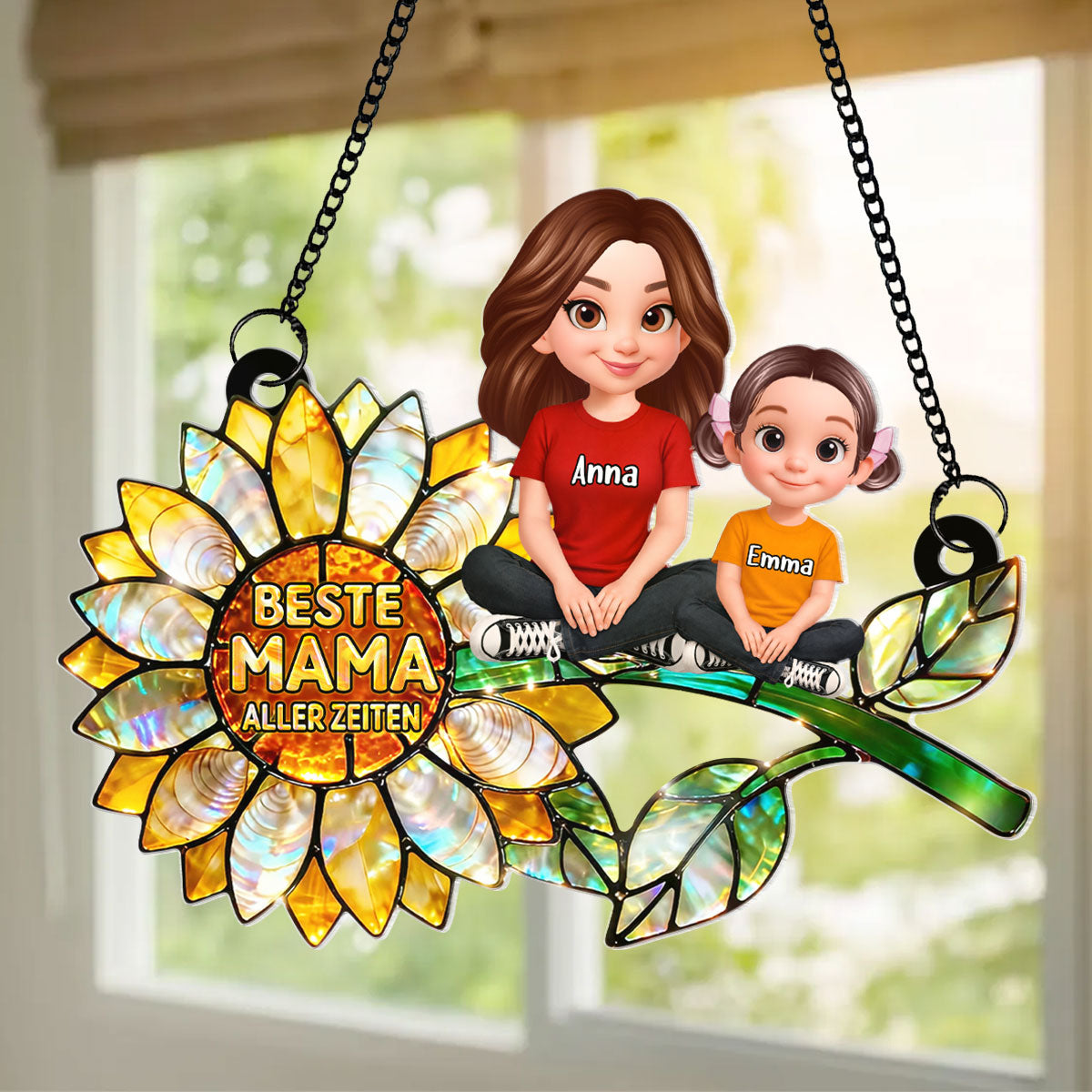 Sonnenblumen-Mama mit Kindern – Personalisierter Suncatcher frs Fenster – Liebevolles Muttertagsgeschenk fr Mama oder Ehefrau