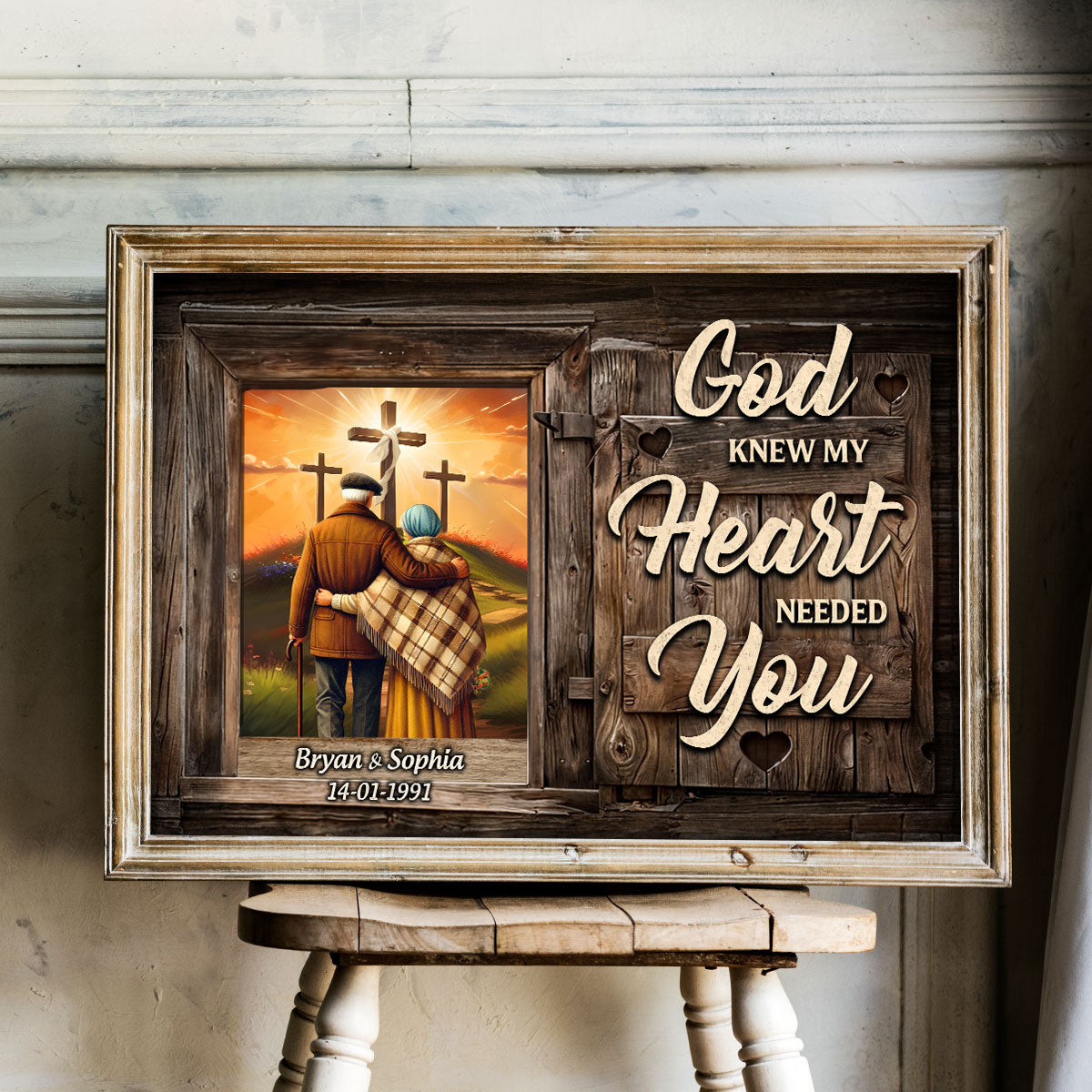 Cross God Knew My Heart Needed You Old Couple Walking Hugging Personalized Poster, Anniversary Gift For Him, Her, Husband, Wife