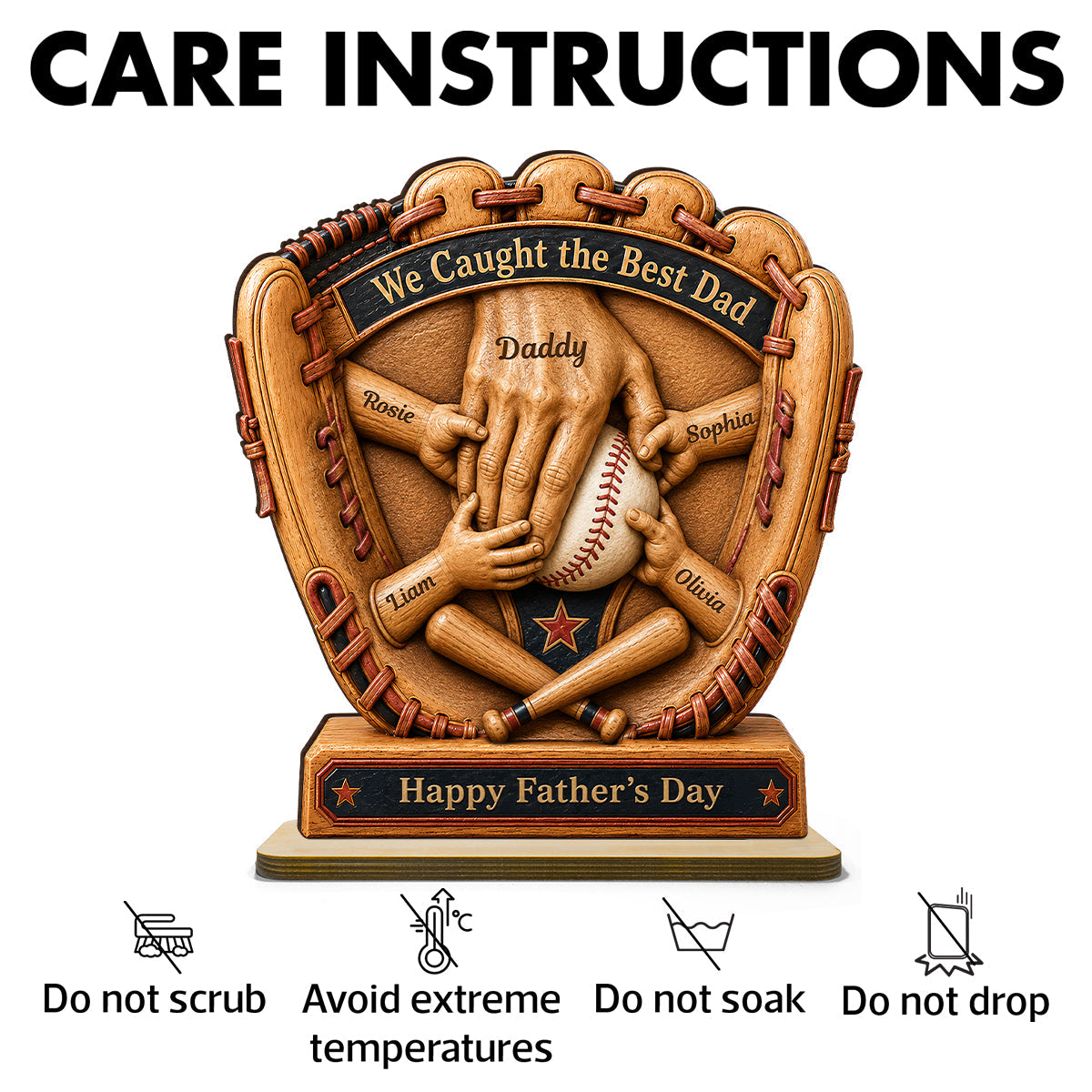 Baseball Glove Dad & Kids' Hands - Personalized 2-Layered Wooden Plaque - Gift For Dad, Husband