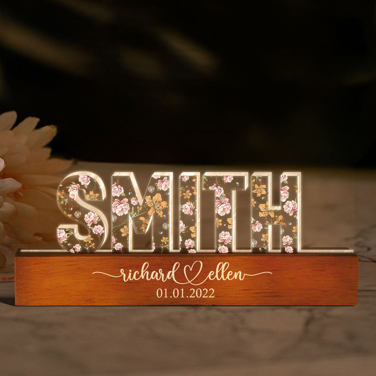 Mr & Mrs Family Name Wedding Anniversary Gift for her & for him, Custom Flower Printed LED Night Light