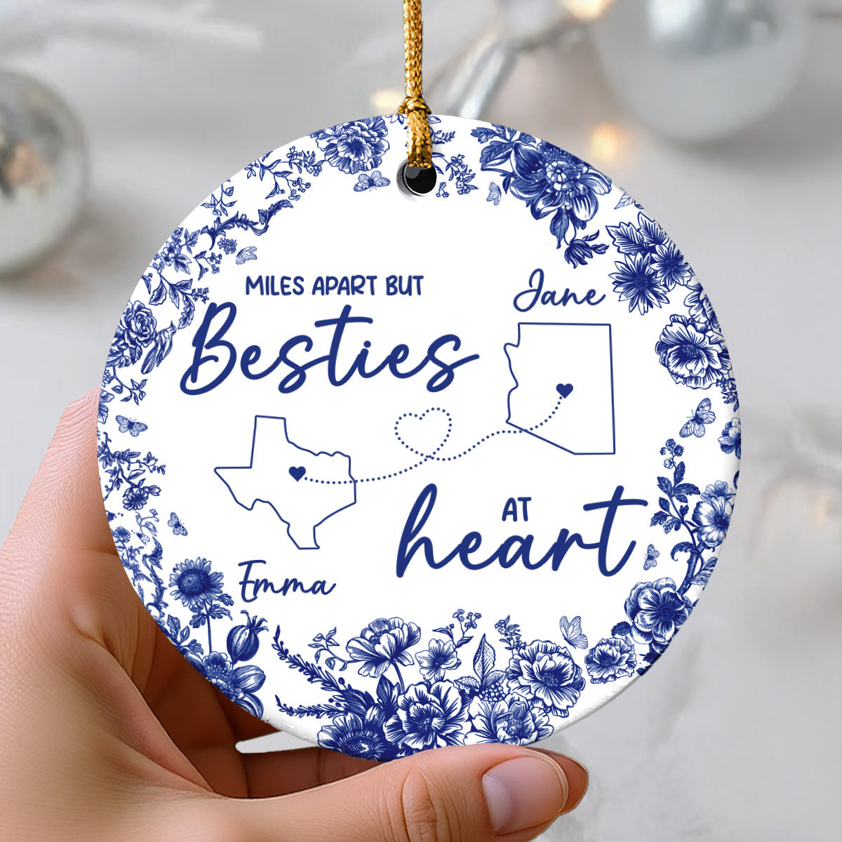 Chinoiserie Pattern Long Distance Besties Personalized Ceramic Ornament