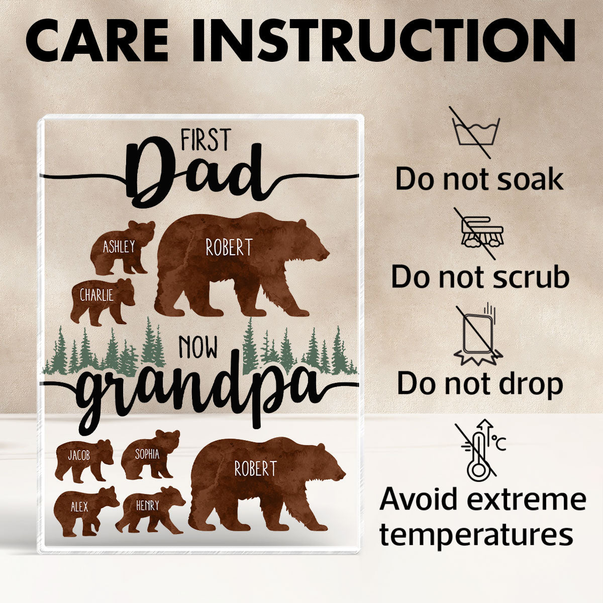 First Dad Now Grandpa Bear Personalized Acrylic Block, gift for Dad, for Grandpa
