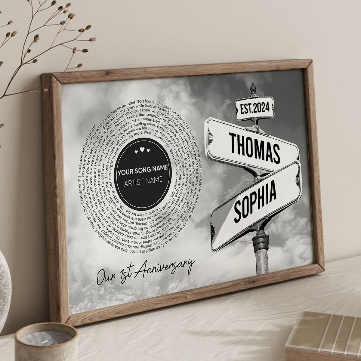 Vintage Crossroads Street Sign Song Lyrics Art Personalized Poster, Anniversary Gift For Girlfriend Boyfriend Wife Husband