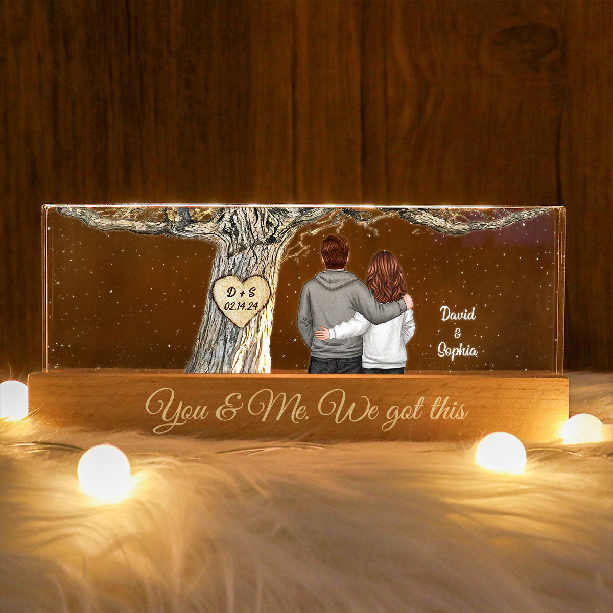 Couple Back View Engraved Tree Personalized Acrylic Block LED Night Light, Gift, Anniversary Gift for Him for Her