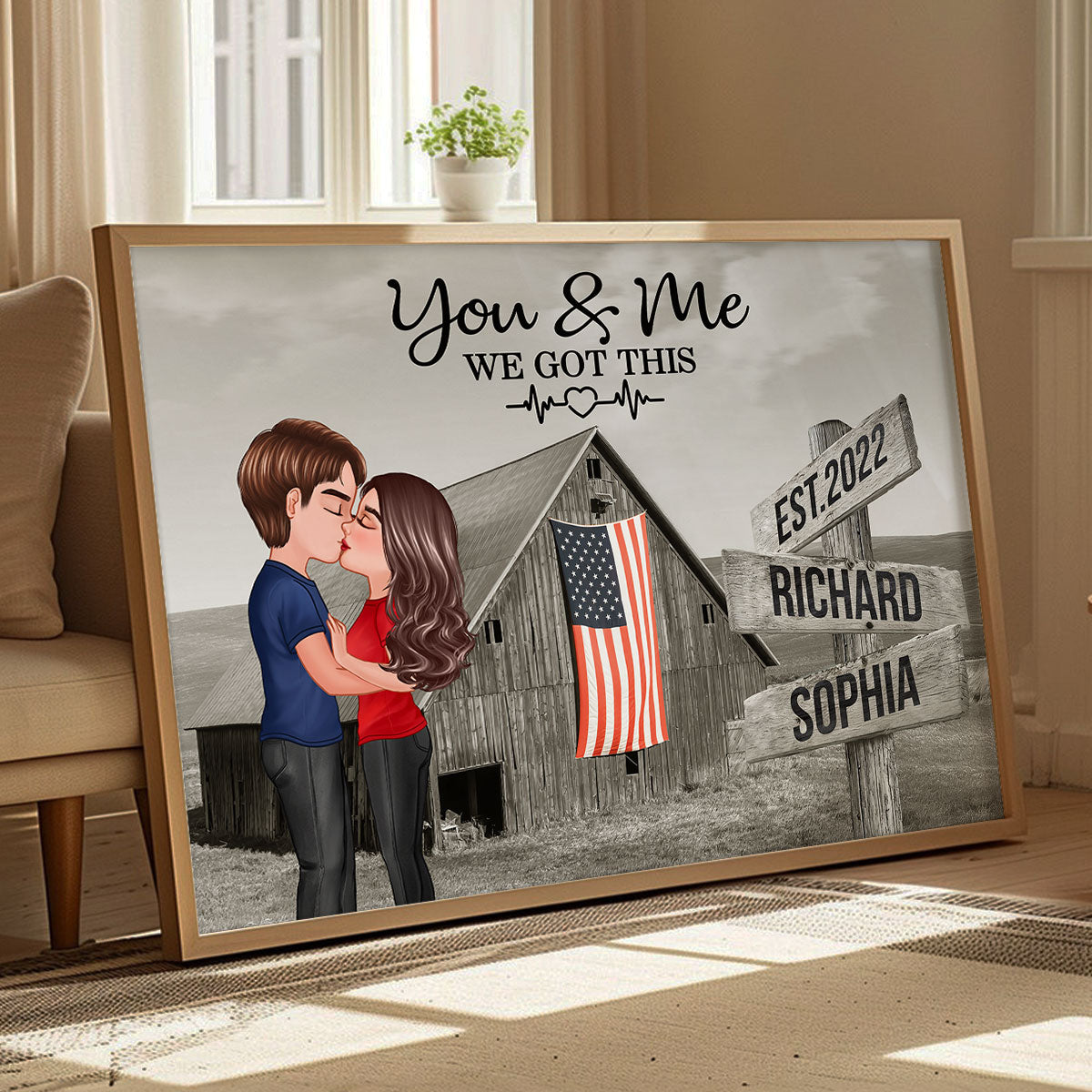Retro Barn American Flag Thin Blue Line Hero Couple Personalized Poster, Anniversary Gift For Him, Her, Husband, Wife, Proud Occupation