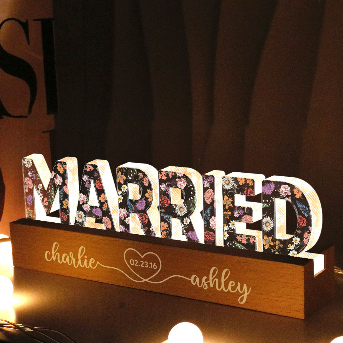 Personalized Couple Wedding Married Floral Theme Anniversary Gift Acrylic Block LED Night Light, Heartfelt 2025 Gift, For Him, For Her, For Husband, For Wife