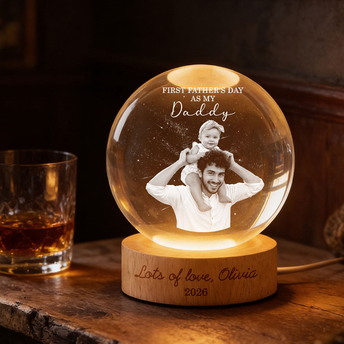 First as My Daddy - Personalized Crystal Ball LED Night Light - Gift for Dad