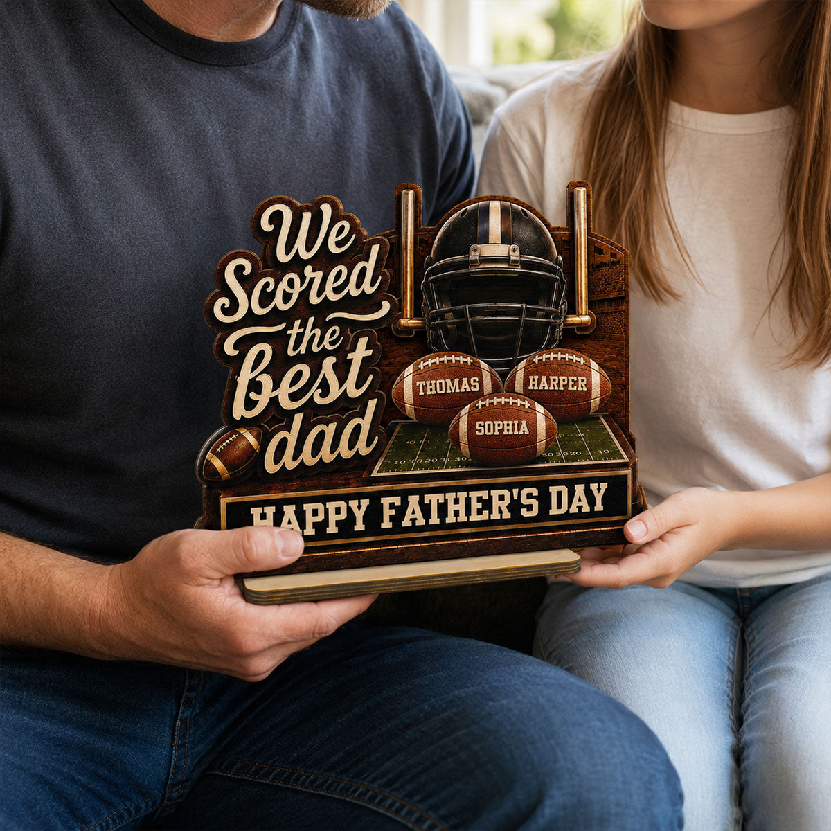 We Scored The Best American Football Dad Custom Name 2D Flat - Personalized 2-Layered Wooden Plaque - Gift For Football Dad