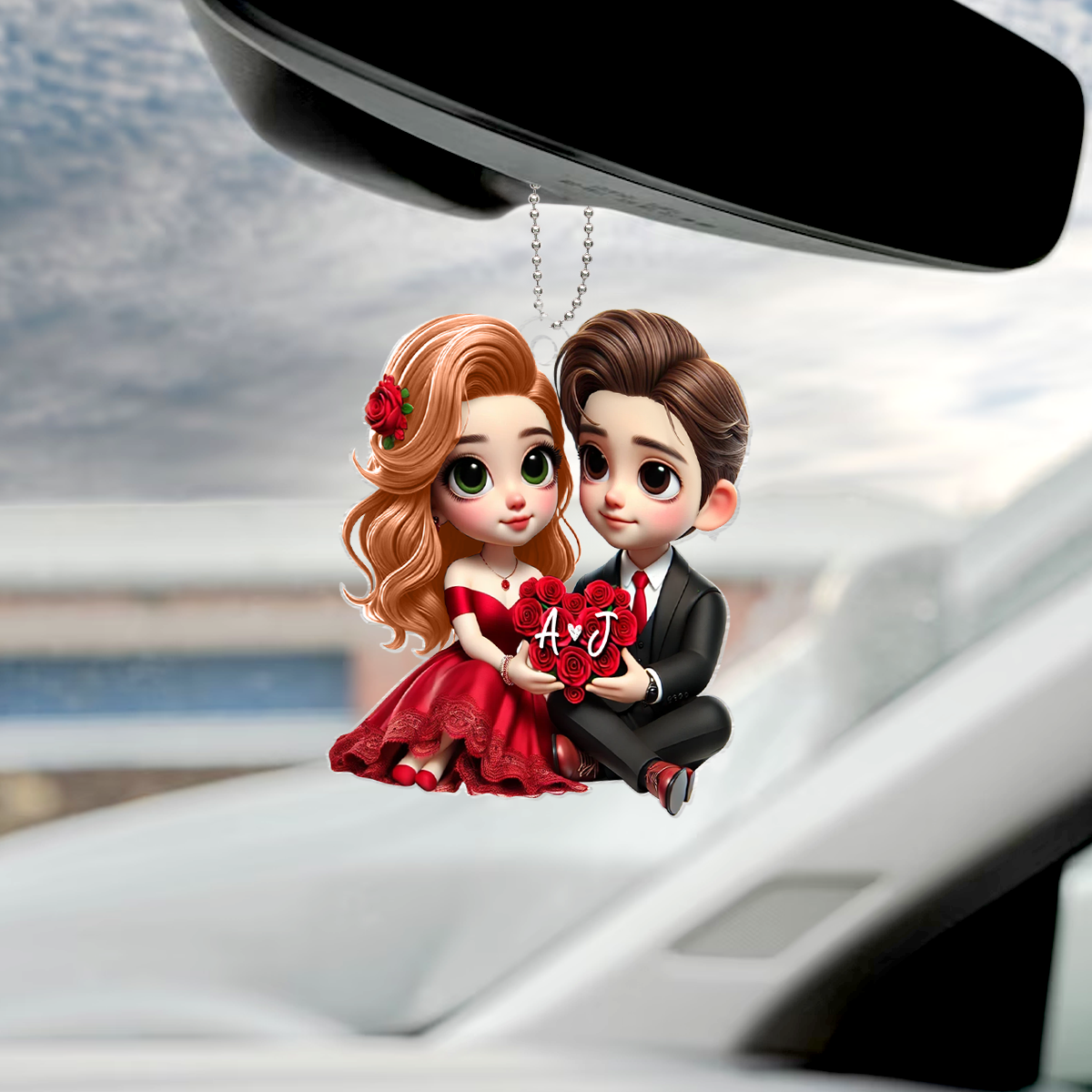 Romantic Couple Roses Personalized Acrylic Car Hanger, Anniversary Gift for him, Gift for her