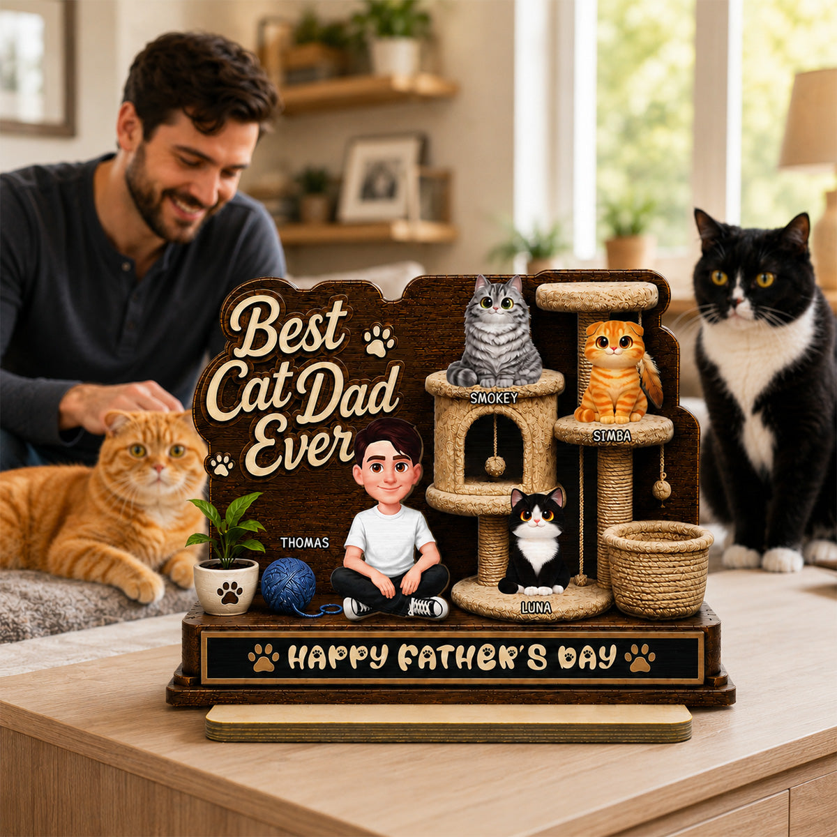 Best Cat Dad Ever Man Sitting Cute Cats On Cat Tree 2D Flat - Personalized 2-Layered Wooden Plaque - Gift For Cat Dad