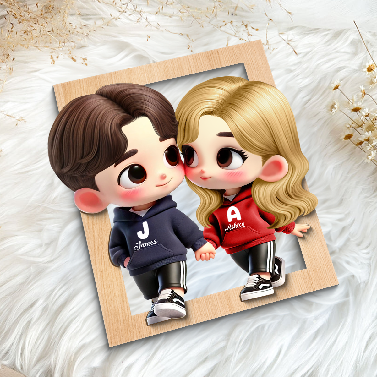 3D Effect Cute Cartoon Couple Holding Hands Personalized 2-Layered Wooden Plaque, Anniversary & Gift for him, Gift for her