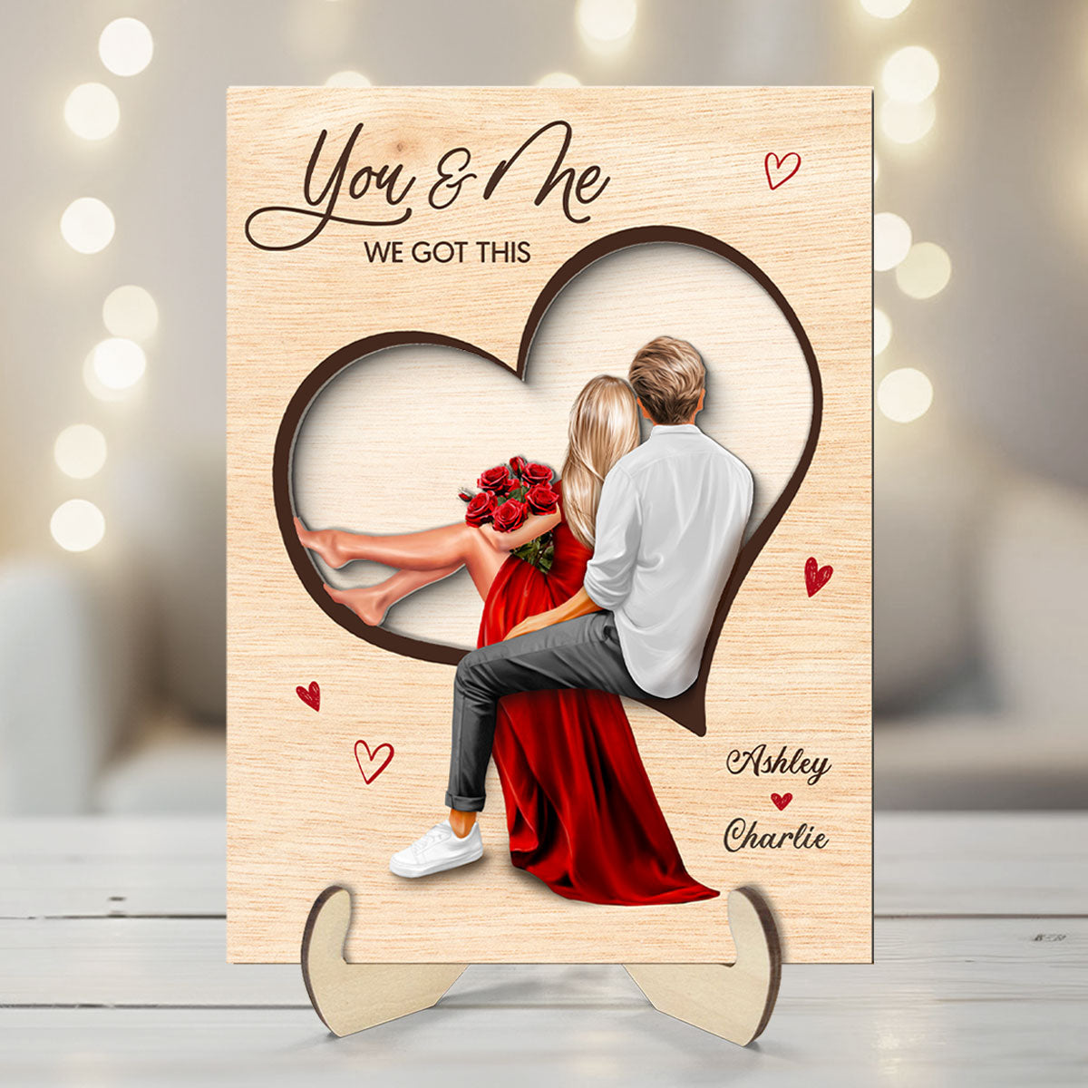 Couple Sitting On Heart Engraved Personalized 2-Layer Wooden Plaque, gift, Anniversary Gift for Couples