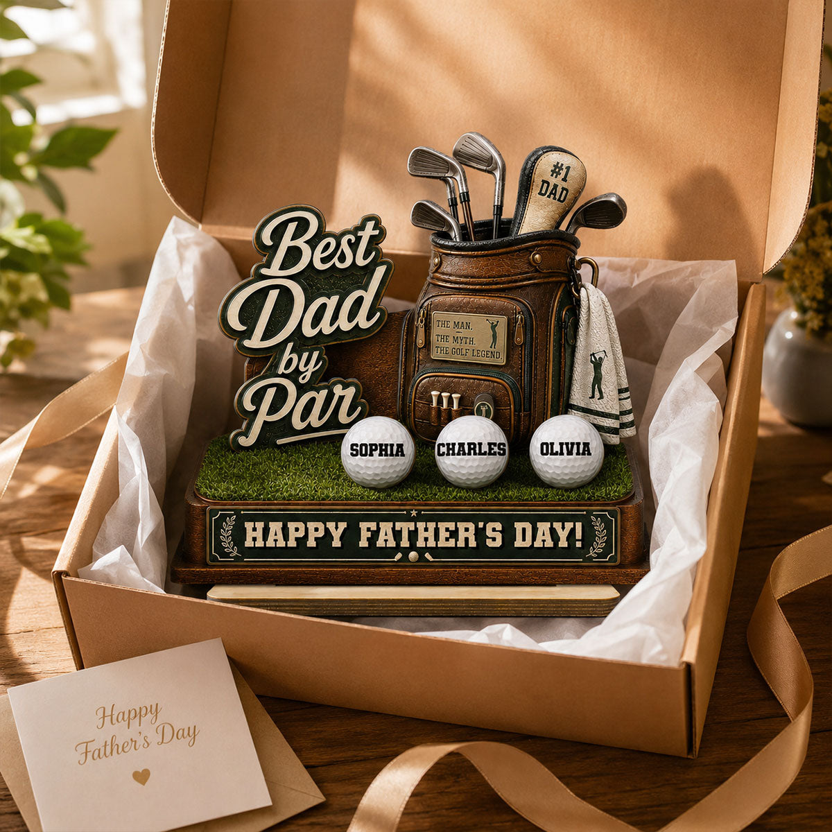 Best Dad By Par Custom Kid Name - Personalized 2-Layered Wooden Plaque - Gift For Golf Dad