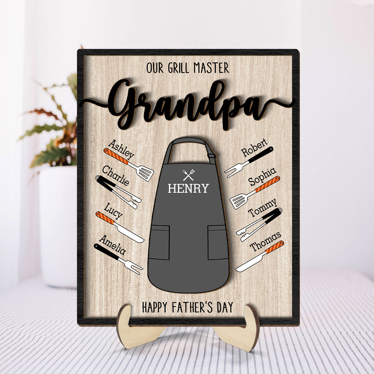 Our Grill Master Apron And Tools With Kids' Names Personalized 2-Layer Wooden Plaque, Gift For Husband, For Dad, For Grandpa