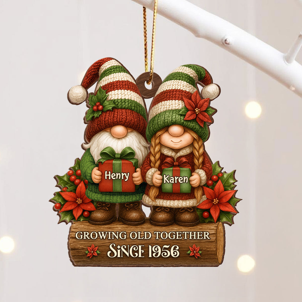 Gnome Couple Growing Old Together - Personalized Wooden Ornament - Christmas Gift for Husband, Wife
