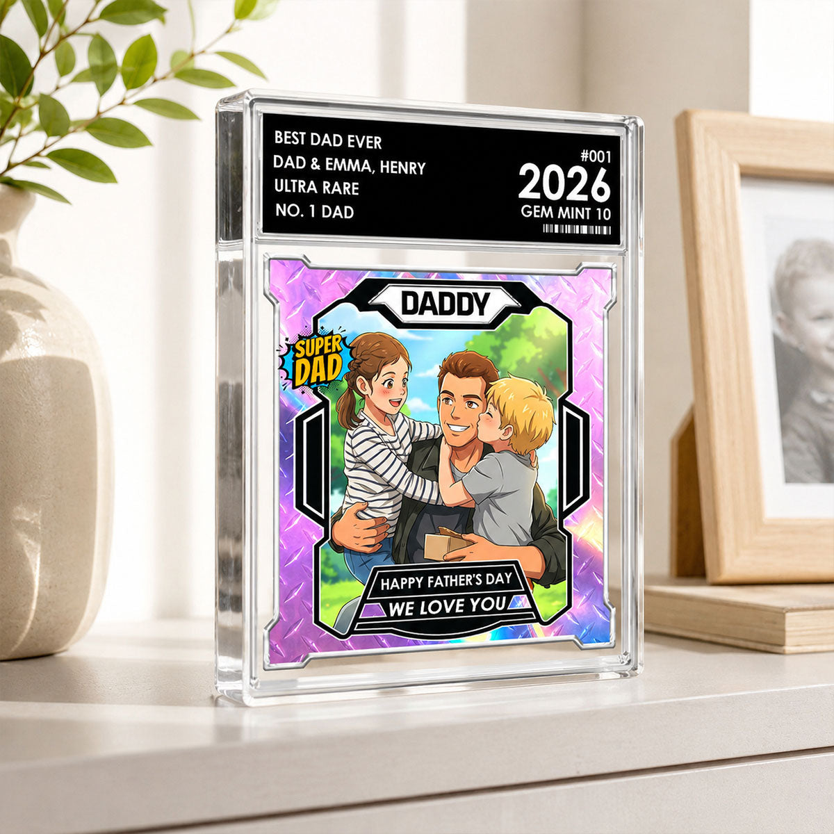 Dad Of The Year Trading Card Cartoon Style - Personalized Acrylic Block Plaque - Gift For Dad, Husband