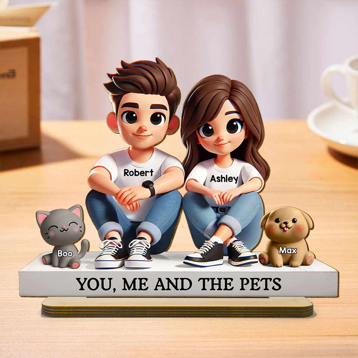 3D Effect Cute Couple And Dogs Cats Personalized Standing Wooden Plaque, Anniversary Gift, gift, Couple Keepsake