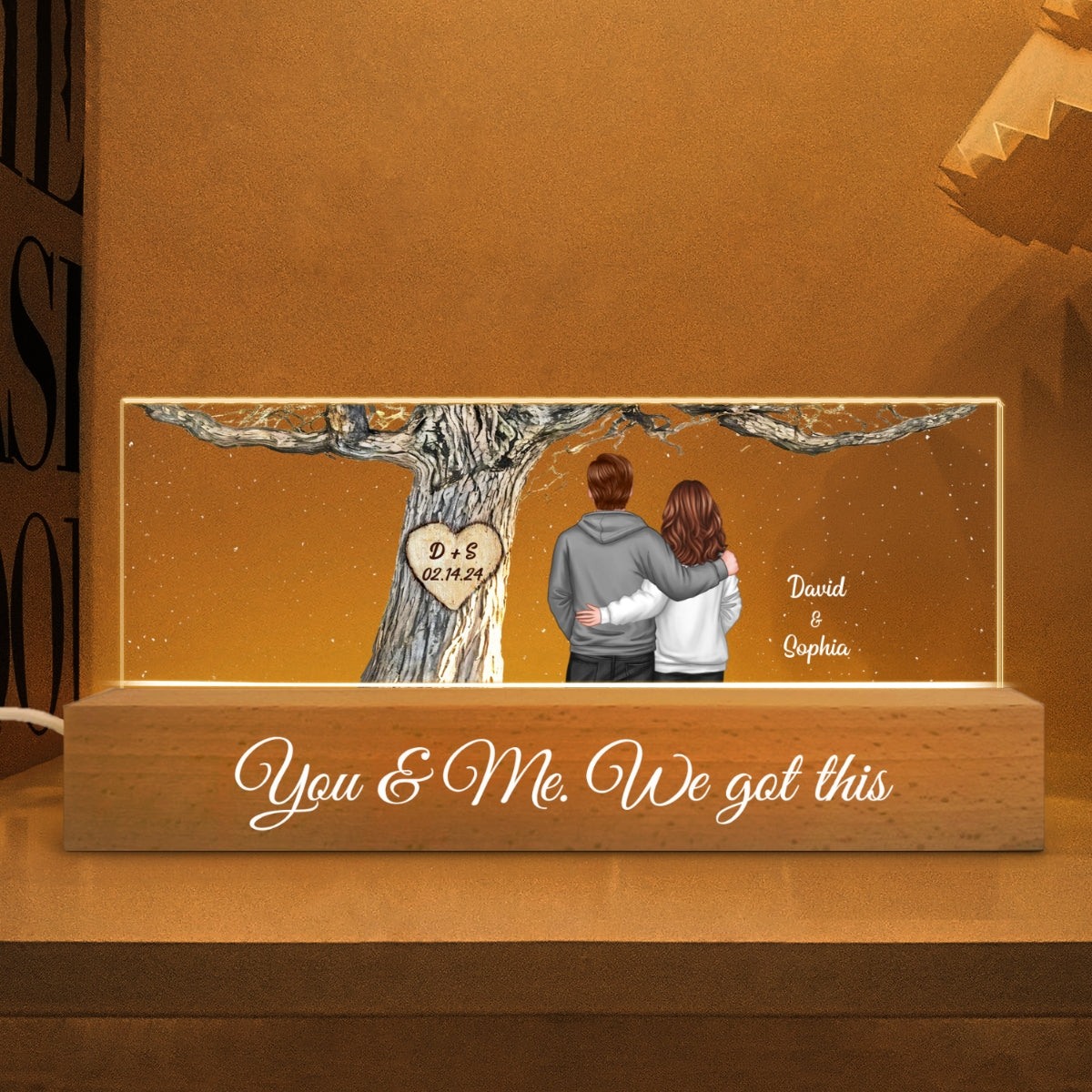 Couple Back View Engraved Tree Personalized Acrylic Block LED Night Light, Gift, Anniversary Gift for Him for Her