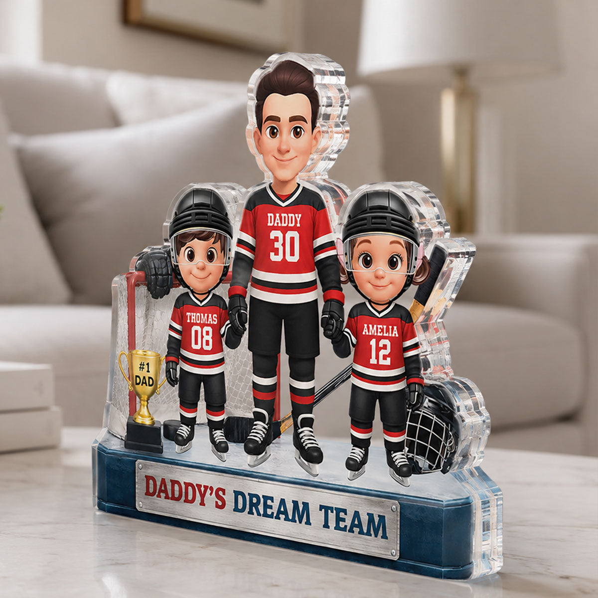 Daddy's Dream Team Hockey Dad & Kids - Personalized Acrylic Block Plaque - Gift For Dad, Husband