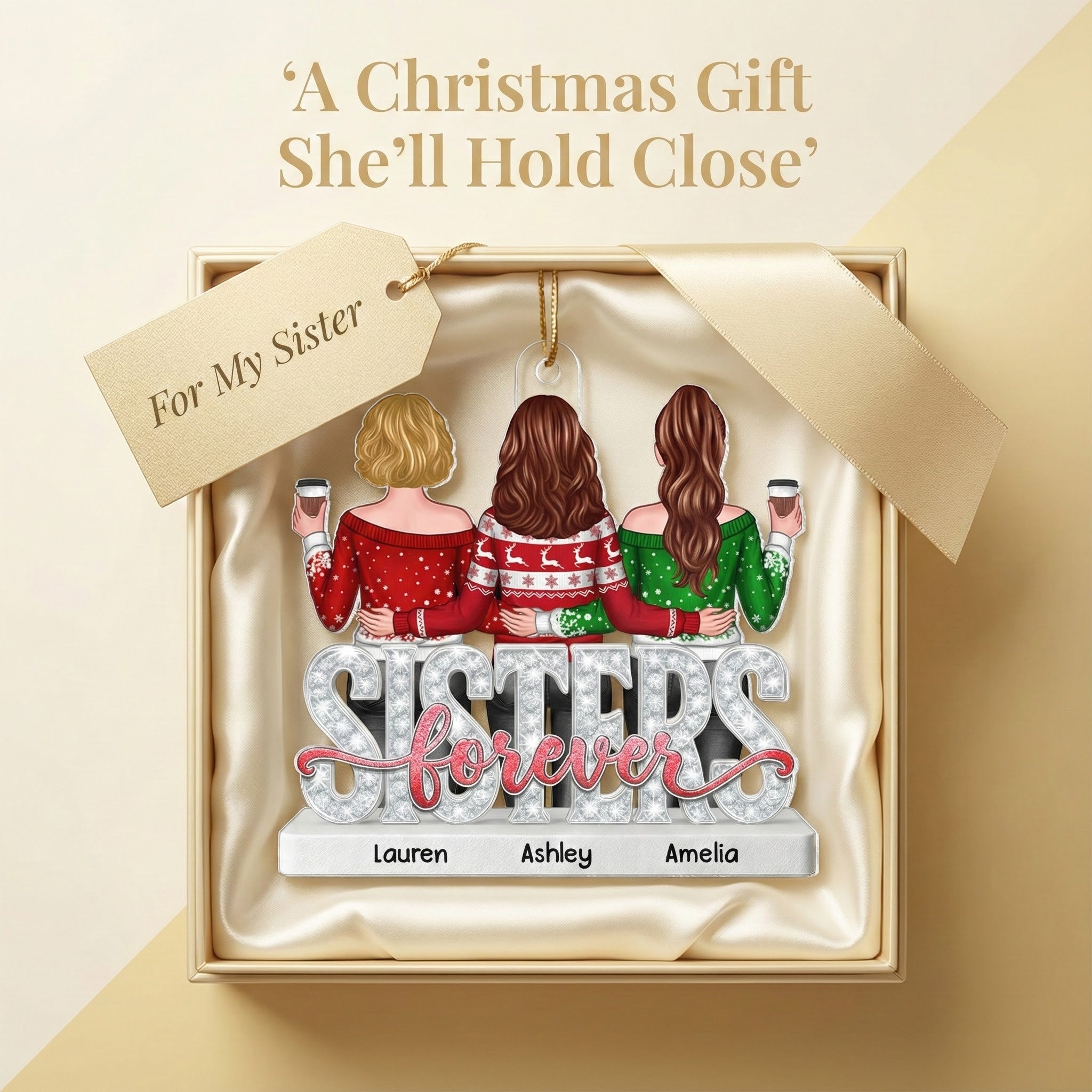 Sisters Forever Pattern Crystal - Personalized Acrylic Ornament - Heartwarming Christmas Gift For Sisters, Besties