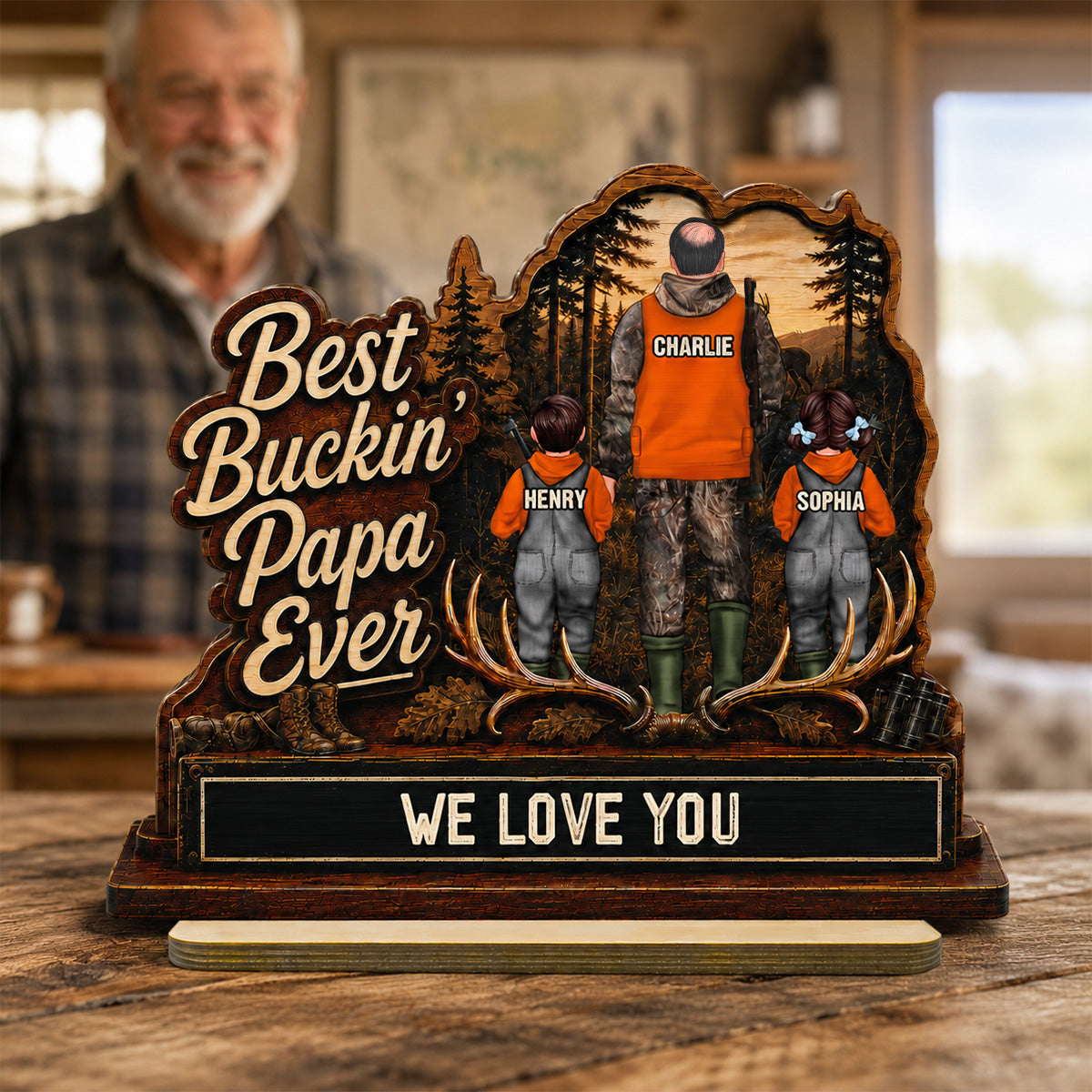Best Buckin' Dad Papa Ever Hunting Man & Kids 2D Flat - Personalized 2-Layered Wooden Plaque - Gift For Hunting Dad, Grandpa