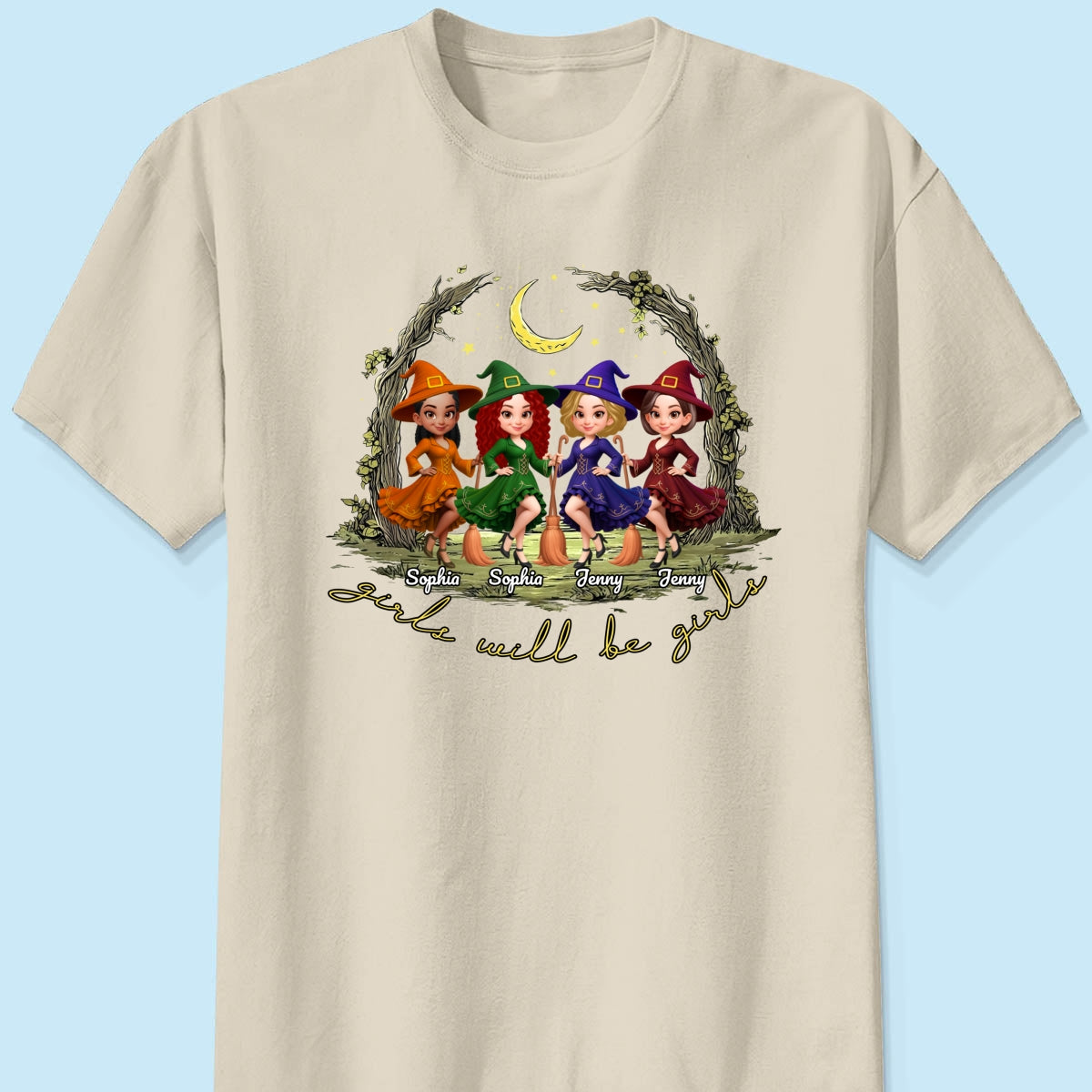Halloween Witch Besties Sisters Friends Under Moon Personalized Sweatshirt, Halloween Matching Shirt